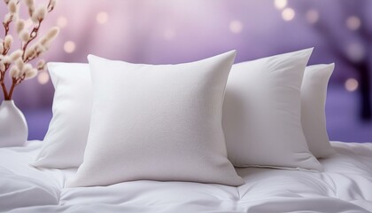  A cozy white pillow on a bed with light lavender sheets and a fluffy white comforter, creati 