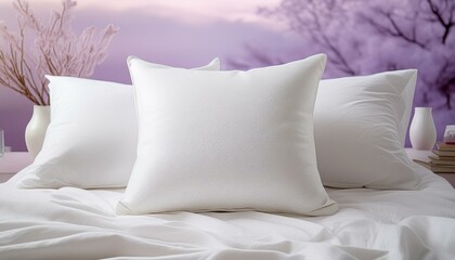  A cozy white pillow on a bed with light lavender sheets and a fluffy white comforter, creati 