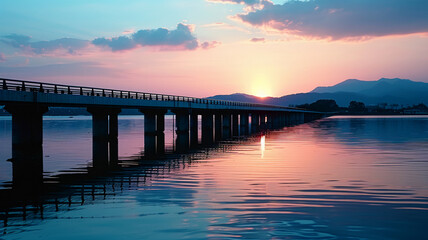 Obraz premium Silhouette of bridge reflects on tranquil waterfront, AI Generative.