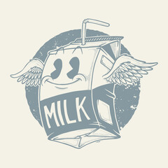 retro cartoon emblem of flying milk box