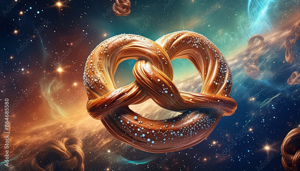 Wall mural colossal pretzels floating in the vastness of space, surrounded by twinkling stars and a pin - Wall murals