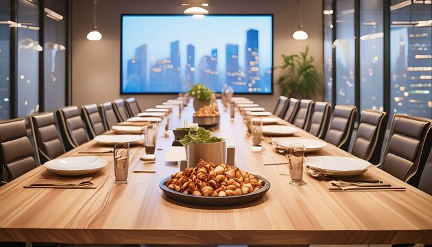 Modern boardroom featuring a gourmet lunch spread, sleek wooden table, high-backed chairs, a