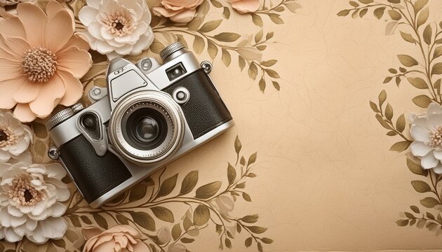 Old paper background, vintage camera on the corner and shabby chic floral border decoration