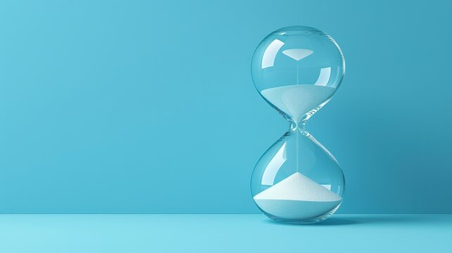 A clear glass hourglass with white sand flows against a bright blue background, symbolizing the passage of time and simplicity.