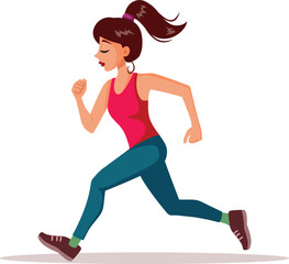 Sporty Woman Running and Jogging Vector Cartoon Illustration. Happy jogger feeling energies and active 
