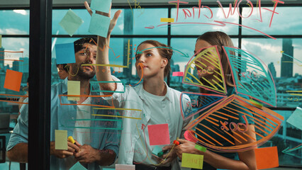 Professional business team brainstorm, sharing, thinking idea while skilled male leader write on...