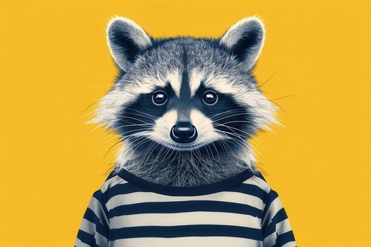 cute raccoon wearing mask and striped prison uniform humorous animal mug shot on yellow vector illustration