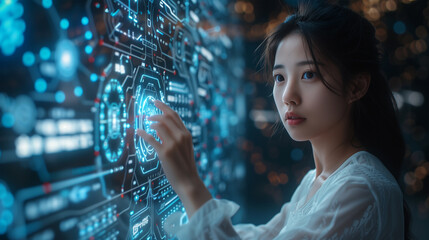 Young Japanese woman using a futuristic hologram display, futuristic artificial intelligence