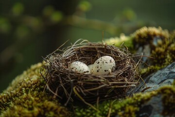 Obraz premium delicate birds nest with eggs closeup nature photography