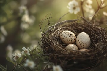 delicate birds nest with eggs closeup nature photography