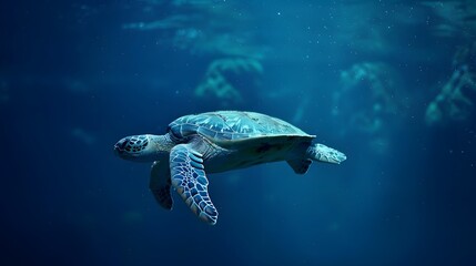 Obraz premium Loggerhead sea turtle swimming in the deep blue open ocean