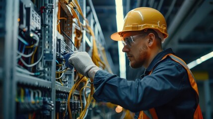 professional electrician working on a complex wiring panel surrounded by tools and safety equipment in a modern industrial setting
