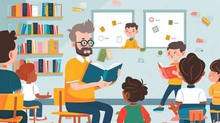 A man reads a book to a group of children in a classroom