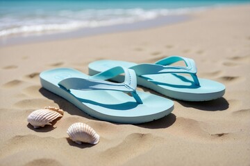 Obraz premium Flip-Flops: Light blue flip-flops on a smooth, sandy beach background.