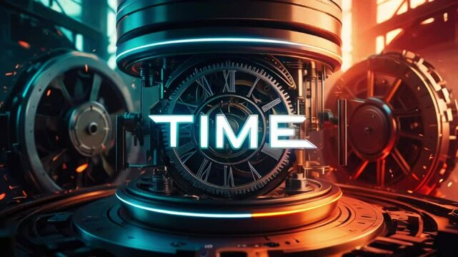 The video is a glowing white word "TIME" in front of a steampunk clockwork background with gears and machinery.
