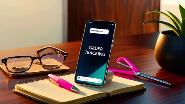 A desk with a smartphone, glasses, pen, scissors, and plant on it. The phone is displaying an order tracking page.