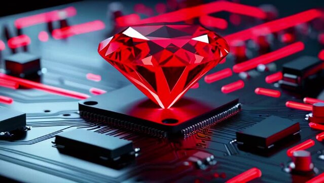 A red glowing diamond sits on a computer chip.