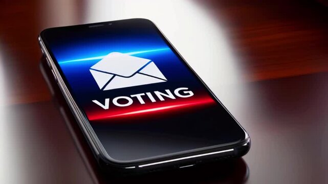 A smartphone with the word 'VOTING' displayed on the screen in red, white, and blue.