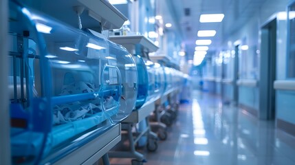 Newborn infant incubator boxes in a hospital corridor