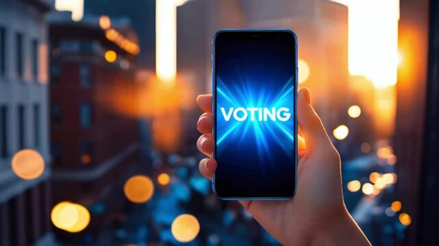 A hand holding a smartphone with the word "VOTING" on the screen.