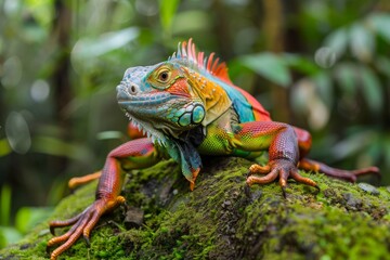 Obraz premium Colorful Iguana on Mossy Branch