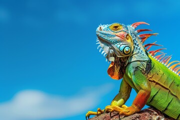 Obraz premium Vibrant Green Iguana with Red Spikes Against a Blue Sky