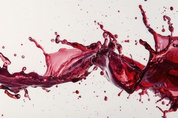 dramatic splash of deep red wine against pure white backdrop highspeed photography captures intricate patterns and droplets midair rich jeweltoned liquid creates abstract sculptural forms