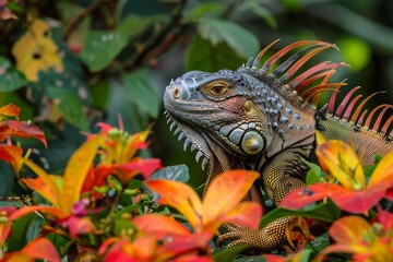 Fototapeta premium Green Iguana Among Orange Flowers