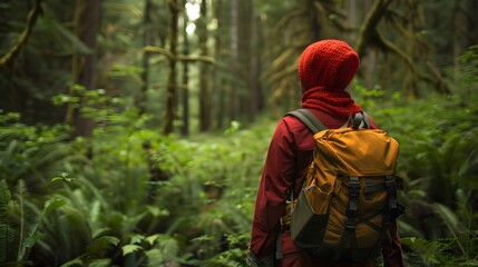 Naklejka premium Muslim travel, Muslim Asian woman wearing hijab with a backpack and hat hiking in the mountains during the summer season, a traveler walking in the forest.