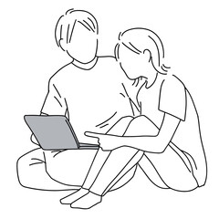 【手書きイラスト】カップル 相談 パソコン