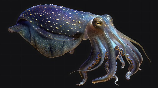 1. Render a detailed image of a cuttlefish's entire body, isolated on a transparent background, capturing its unique shape, color-changing abilities, and tentacular arms without any text or logos.