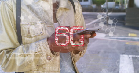 Image of data processing and 6g text over african american woman using smartphone