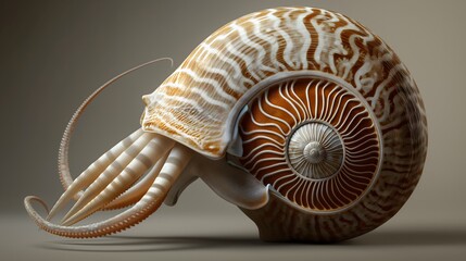 Obraz premium 2. Create a high-resolution illustration of a nautilus, featuring its full body against a transparent backdrop, emphasizing its intricate shell pattern and tentacle arrangement in precise detail.