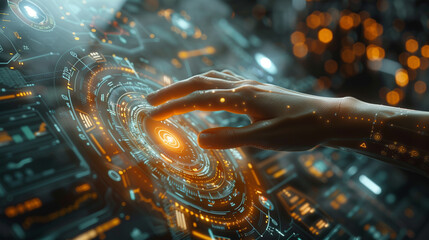 A woman working on a futuristic touch screen table with a holographic world map and glowing data visualizations, on a black background, in a futuristic room.