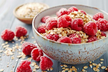 Bowl of Oatmeal with Raspberries and Milk