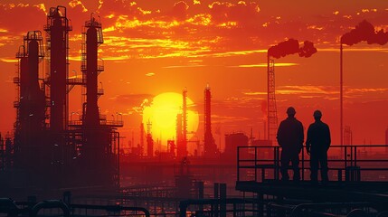 Silhouettes of two workers standing against a vibrant sunset backdrop overlooking an industrial plant. Concept of industry, energy, manufacturing, and the environment.