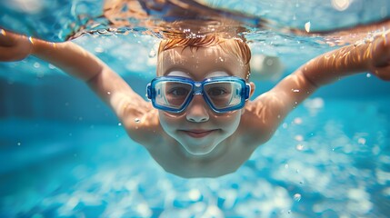 Naklejka premium Underwater Young Boy Fun in the Swimming Pool with Goggles. Summer Vacation Fun.
