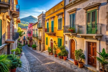 Fototapeta premium Narrow cobblestone streets with historic whitewashed houses, colorful shutters, and ornate iron balconies adorn the charming old town of Lipari, Italy, in warm afternoon light.