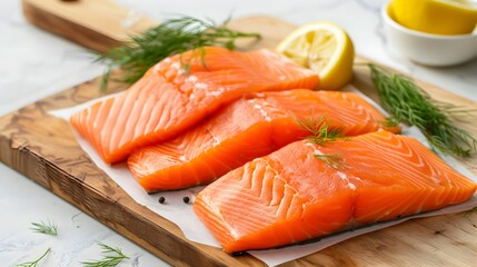 Freshly Sliced Salmon Arranged on Wooden Board and Ceramic Plate with Lemon and Dill Garnish