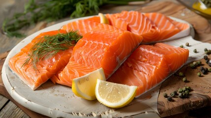 Fresh Salmon Fillets Arranged on Wooden Board and Ceramic Plate with Lemon and Dill