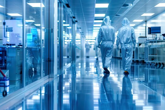 Scientists in protective suits walking in a sterile laboratory facility. Concepts. research, science, technology, laboratory, cleanroom