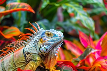 Fototapeta premium Vibrant Green Iguana in Lush Foliage