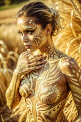 Golden body paint in wheat field