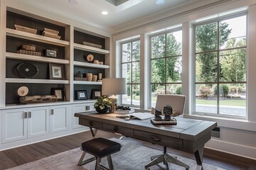 Modern Home Office with Natural Light and Rustic Desk