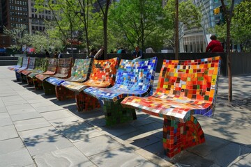 Fototapeta premium Colorful Mosaic Benches in a City Park