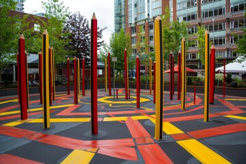 Giant Pencils Forming a Maze in a Colorful City Park