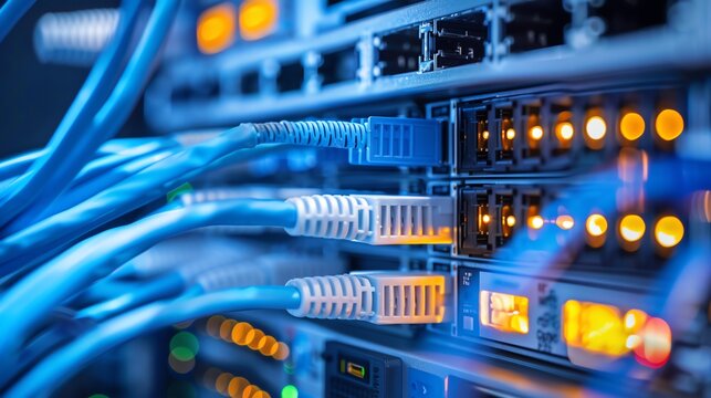 Network Attached Storage server rack with ethernet cables and flashing lights. Concepts. big data, cloud computing, database, internet technology.