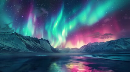 A breathtaking view of the aurora borealis illuminating the mountain peaks at night.  