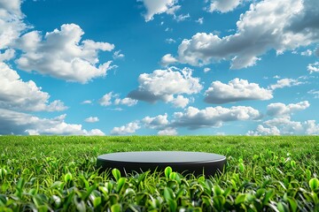 Black podium in green grass and blue sky background. For product display.