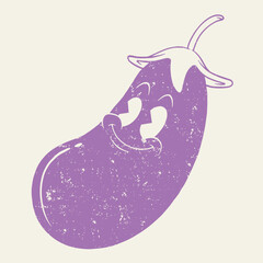 retro cartoon mascot of smiling eggplant